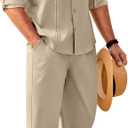 COOFANDY Mens Linen Sets 2 Piece Long Sleeve Button Down Cuban Shirt and Pants Set Summer Beach Set Outfits (Large, Khaki)