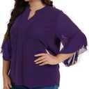 Betu Womens Ruffle 3/4 Sleeve V Neck Double Layers Mesh Blouses Loose Fit Flowy Tunic Tops, M-5XL (Purple)