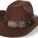 INOGIH Classic Black Western Felt Roll-Up-Brim Cowboy-Hat for Women Men - Bling Cowgirl-Hat Felt Fedora for Disco Parties (Brown)