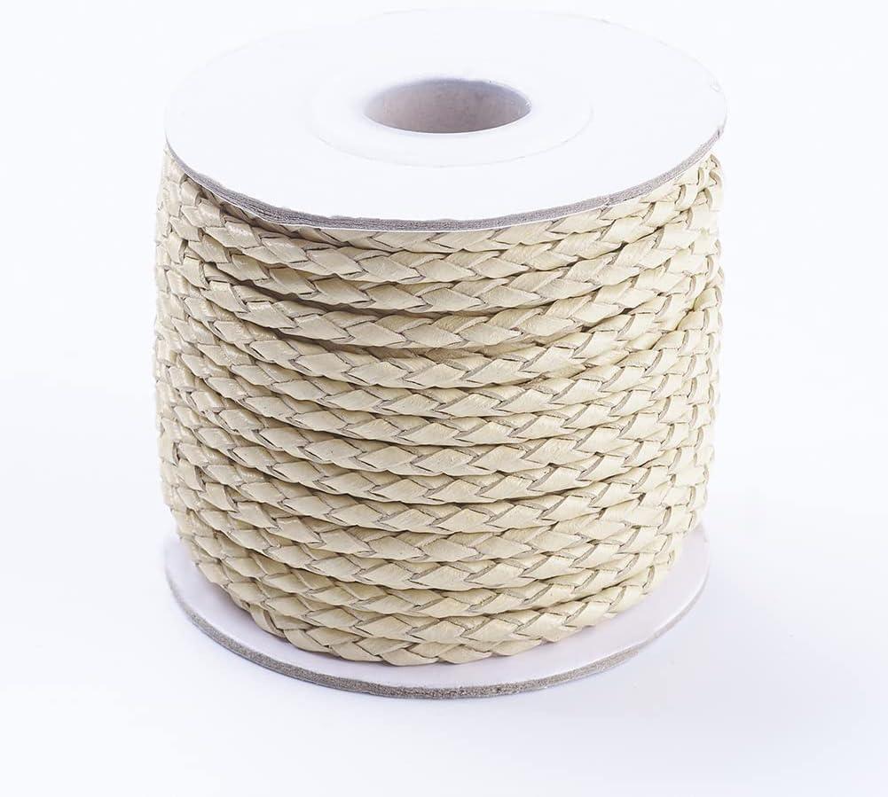 10.93 Yards 3mm Round Braided Cowhide Cords Light Yellow Genuine Braided Leather Cords for Bracelet Necklace Jewelry Making