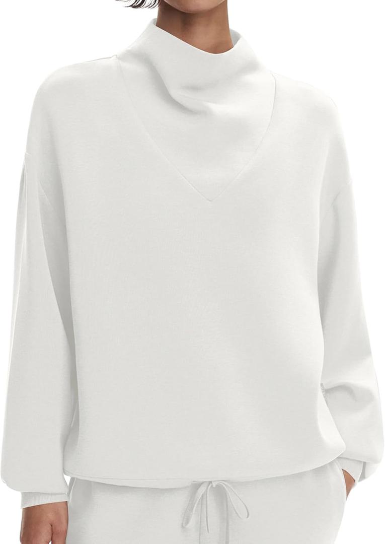Amoretu Womens Mock Cowl Neck Sweatshirt Lightweight Loose Fit Drop Shoulder Pullover Tops (White, M)