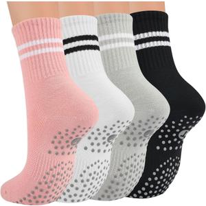 Toes Home Pilates Socks for Women with Non Slip Grippers, Yoga Crew Socks for Barre Hospital Sticky Slipper Socks 4 Pairs