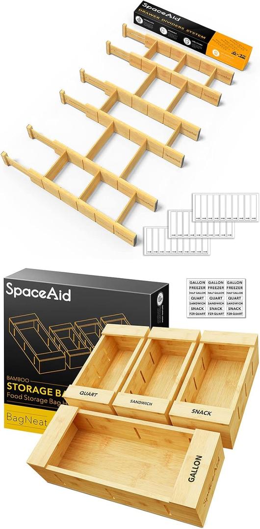 SpaceAid Bamboo Drawer Dividers with Inserts 6 Dividers with 12 Inserts (17-22 in) Bag Storage Organizer for Kitchen Drawer (4 Pack)