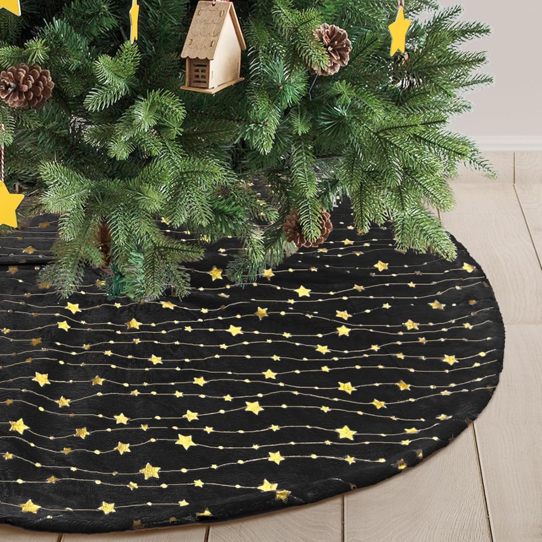 Black Christmas Tree Skirt with Glitter Golden Star Print 30 Inch Xmas Tree Skirt Base Cover Mat for Christmas Tree Holiday Home Party Decorations - 78cm