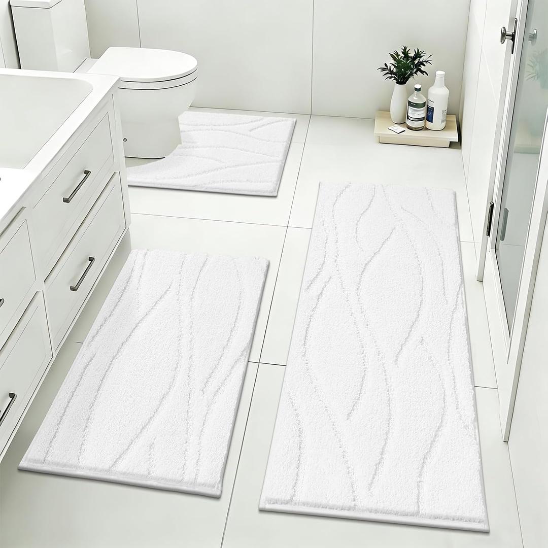 Bsmathom Bathroom Rugs Sets 3 Piece, Soft Non Slip Microfiber Bath Mat and U-Shaped Contour Toilet Rug, Machine Washable Absorbent Shaggy Bathroom Set, White, 18"x26"+18"x48"+U Shape 20"x24"