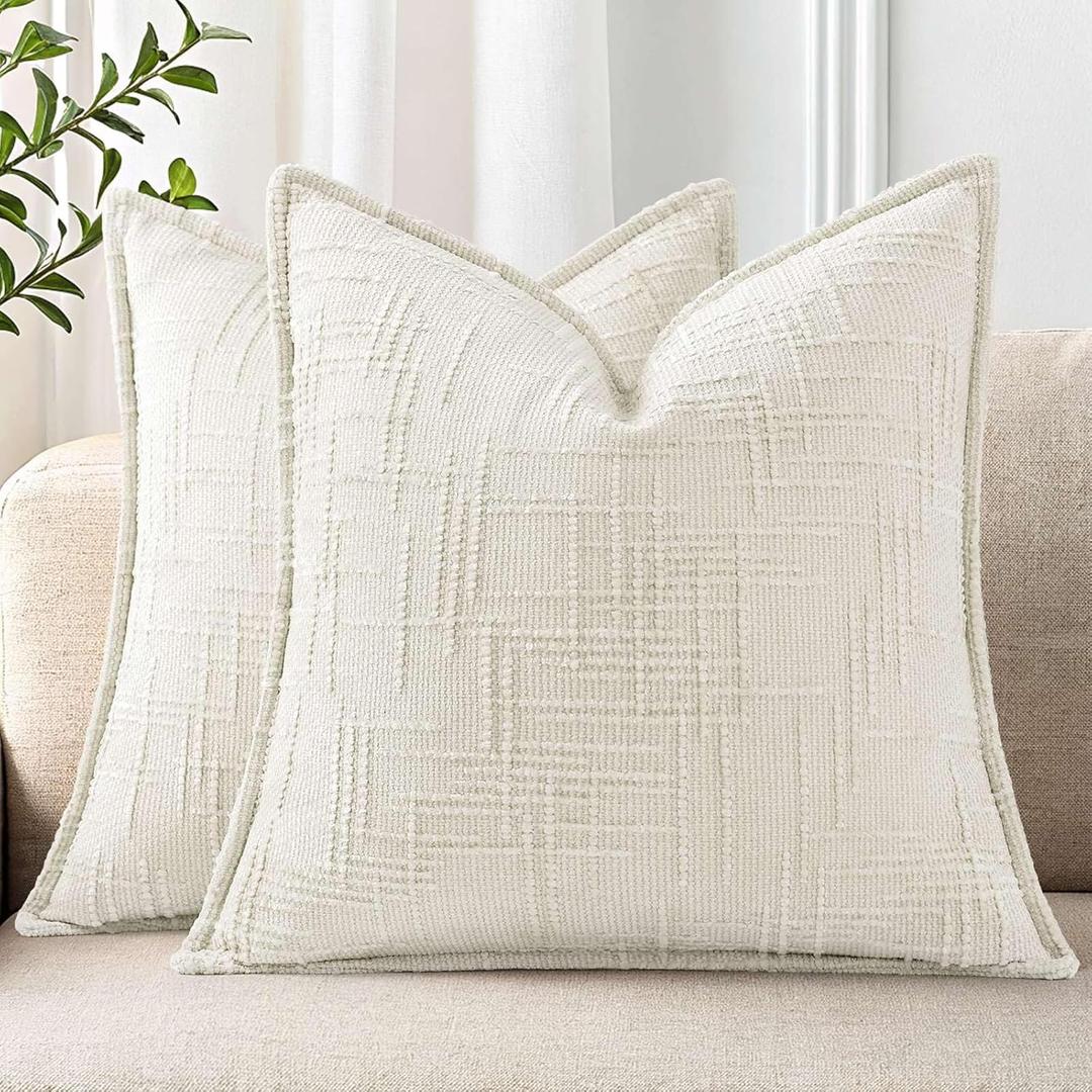 decorUhome Chenille Throw Pillow Covers 18x18 Set of 2, Thick Textured Slubby Neutral Decorative Pillow Covers with Elegant Design for Couch, Sofa, Living Room, Cream White