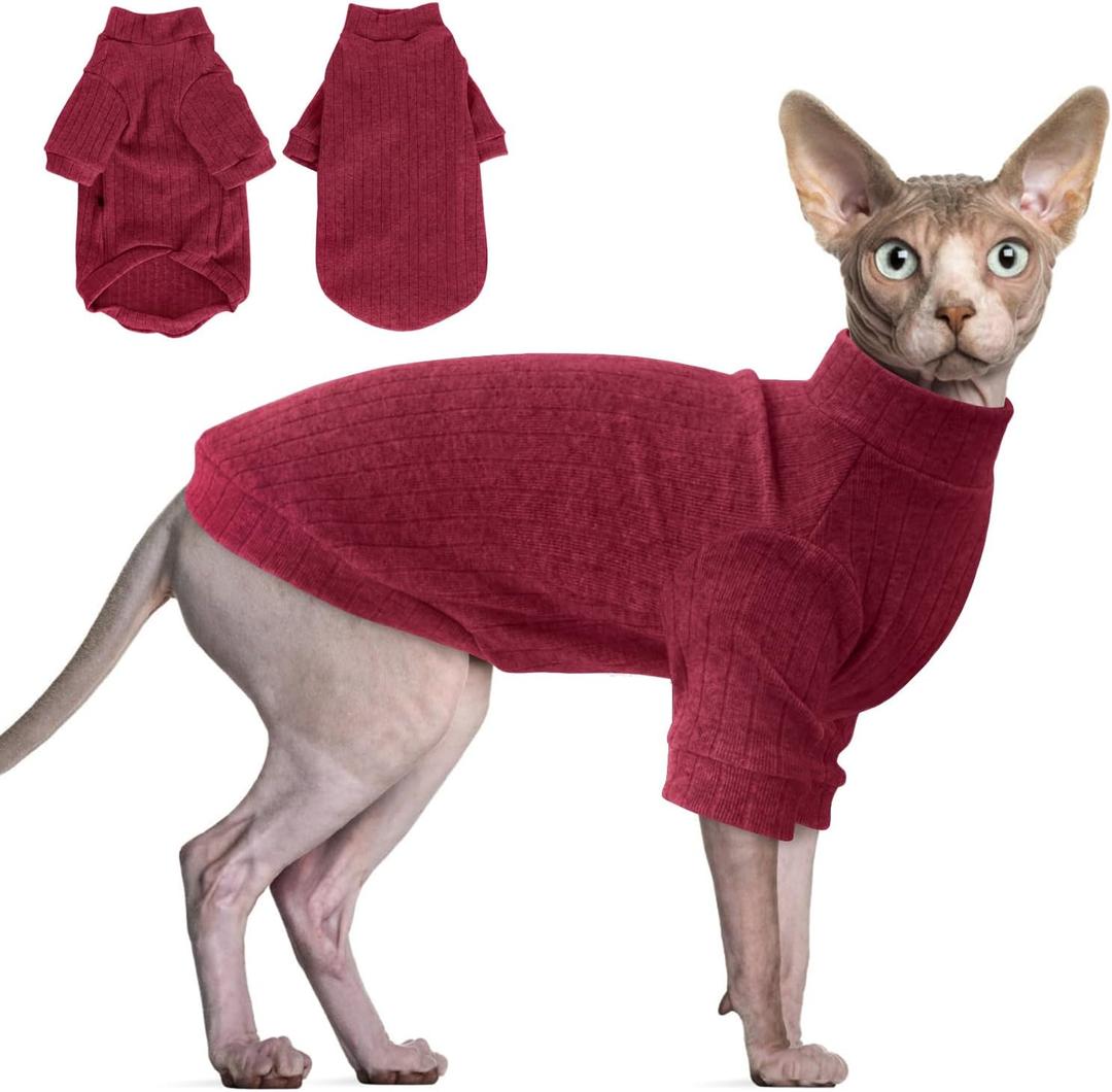 Idepet Sphynx Hairless Cats Sweater Shirt Kitten Soft Puppy Clothes Pullover Cute Cat Pajamas Jumpsuit Cotton Apparel Pet Winter Turtleneck for Cats and Teacup Chihuahua Small Dogs(Red,M)