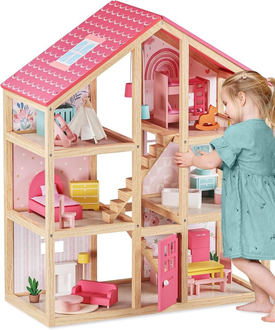 Tiny Land Wooden Dollhouse for Girls - 6 Rooms Wooden Doll House, DIY Pretend Doll House with 31Pcs Furniture Accessories, Creative Gift for Girl Ages 3+ (Pink)