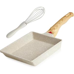 Tamagoyaki Japanese Omelette Pan - Nonstick Tamago Pan, Rectangle Egg Frying Pot, Wooden Handle, PFOS & PFOA Free, Oven & Dishwasher Safe (7*6 inch, White)