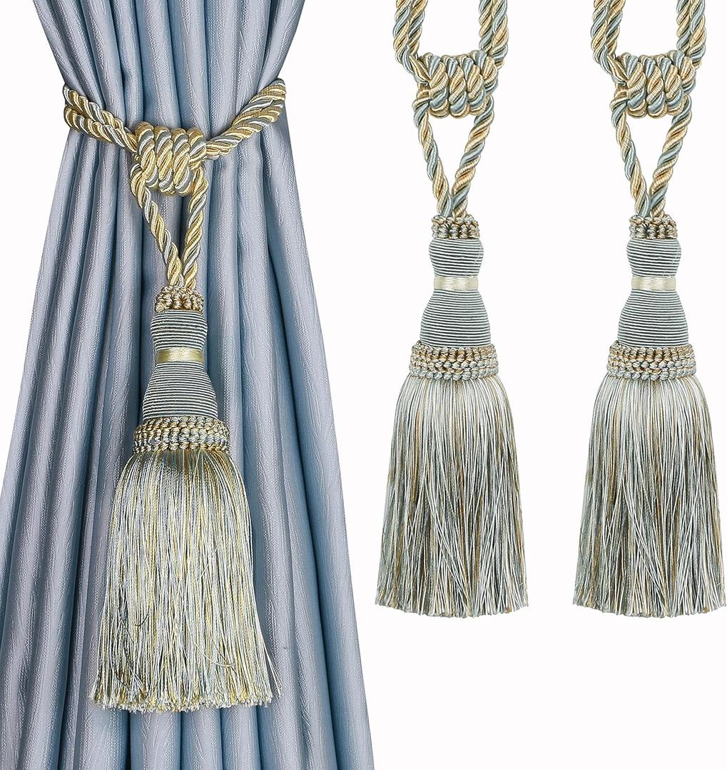 BEL AVENIR 2 Pack Curtain Tiebacks Tassel Drapery Tie-Backs Rope Handmade Holdbacks Home Office Hotel Decorative (Blue)