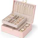 Vlando 2 Layer Jewelry Box Large Jewelry Organizer for Women Removable Jewelery Tray with Watch Pillow for Necklace Earrings Rings Bracelets Jewelry Boxes for Christmas Gifts Mother's Day Gifts (Pink)