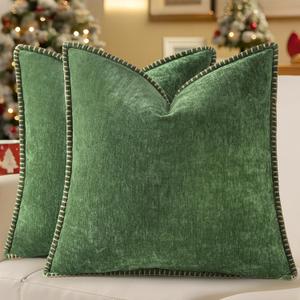 decorUhome Christmas Chenille Soft Throw Pillow Covers 18x18 Set of 2, Farmhouse Velvet Neutral Decorative Euro Fall Pillow Covers with Stitched Edge for Couch Sofa Bed Home Decor, Forest Elf