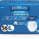FitRight Overnight Unisex Large Underwear, (40-56 in Waist) 56 Count (4 Bags of 14), Maximum All Night Disposable Incontinence Protection, Pull-On Absorbent Underwear for Men and Women