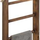 MyGift Rustic Dark Brown Wood Wall Hanging 3 Tier Hand Towel Ladder Rack, Bathroom Towel Storage Rack with Top Rope
