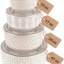 KooK Serving Bowls, with Lids, Ceramic Nesting Bowls, Set of 4, Embossed, Kitchen, Prep, Stackable, Gift, Microwave and Dishwasher Safe, 10/16/29/47 oz, Narbonne Collection (Ivory)