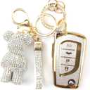 Cute Key Fob Cover with Rhinestone Bear Charm, Bling TPU Smart Key Case for Women, Compatible with Toyota 4Runner,Avalon,Camry Corolla Fortuner Highlander RAV4 LE (4-Button, Gold White)