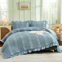 WONGS BEDDING Blue Comforter Set Queen,3 Pieces Ruffle Farmhouse Shabby Chic Boho Comforter for Queen Bed,Soft Seersucker Textured Bedding Set with 1 Ruffle Comforter,2 Tufted Pillowcases 90"90"