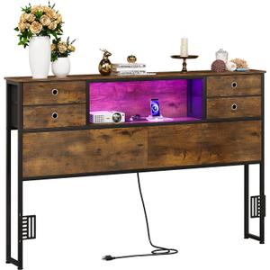 GiftGo Queen Size Headboard with 4 Fabric Storage Drawers Charging Station LED Light Adjustable Height Storage Rack Sturdy and Stable Metal Frame & Wood Shelf (Rustic Brown, Queen (U.S. Standard))