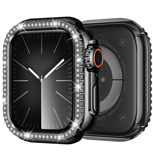 ZZDZZ Metal Case Compatible with Apple Watch Series 9 8 7 45mm for Women, Bling Diamond Frame Bumper with Back Cover Protective Cover for iWatch 45mm, Black