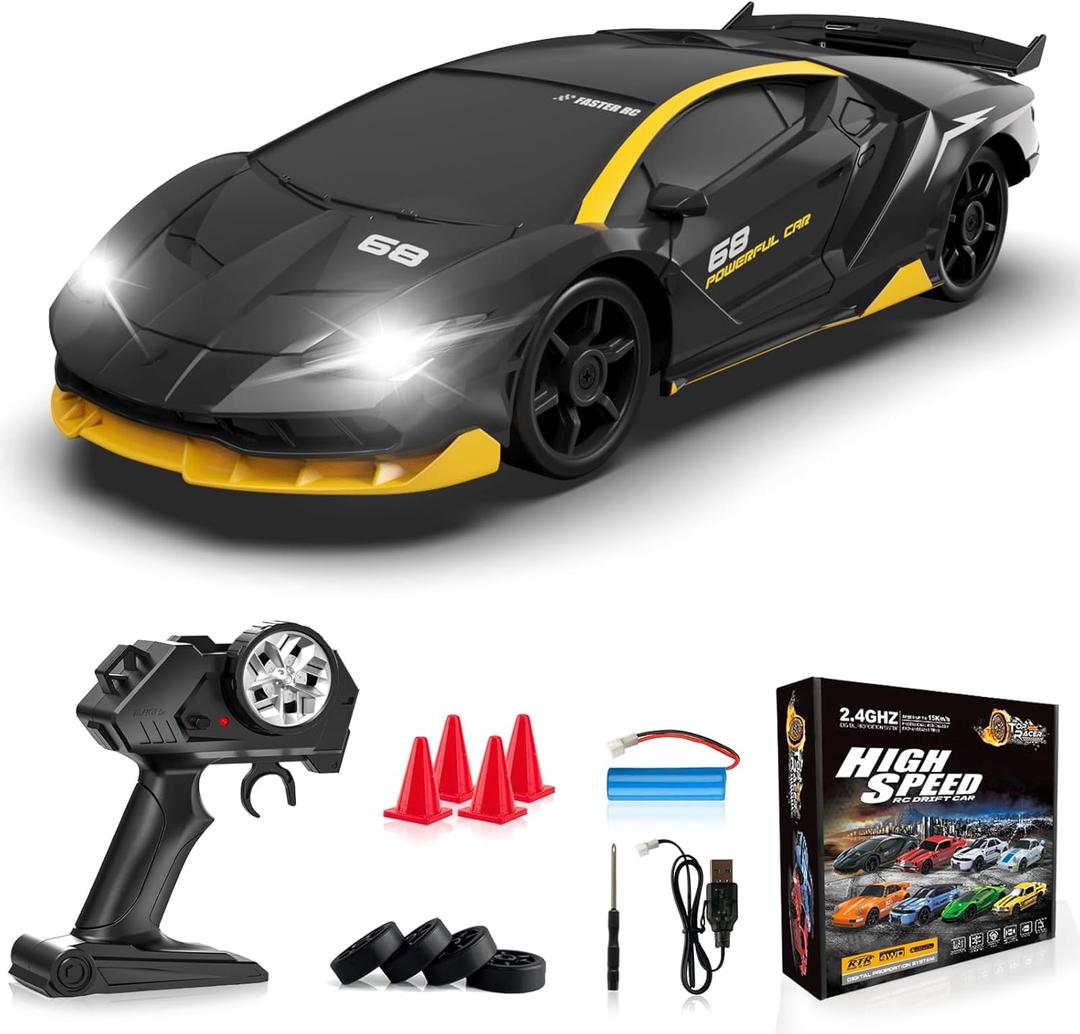 Remote Control Car, 1/24 Scale RC Drift Car, 4WD 15KM/H High Speed RC Cars, Racing Sport Toy Car with LED Lights, Racing Tire, Birthday for Kids Boys Girls, Rechargeable Battery
