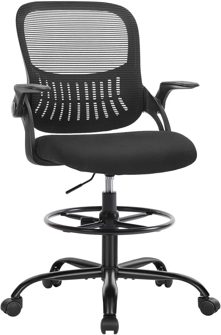 SMUG Drafting Chair with Flip-up Arms, Height Adjustable Standing Tall Office Desk Chair with Foot Ring, Ergonomic Swivel Computer Chairs with Rolling Wheels, Black