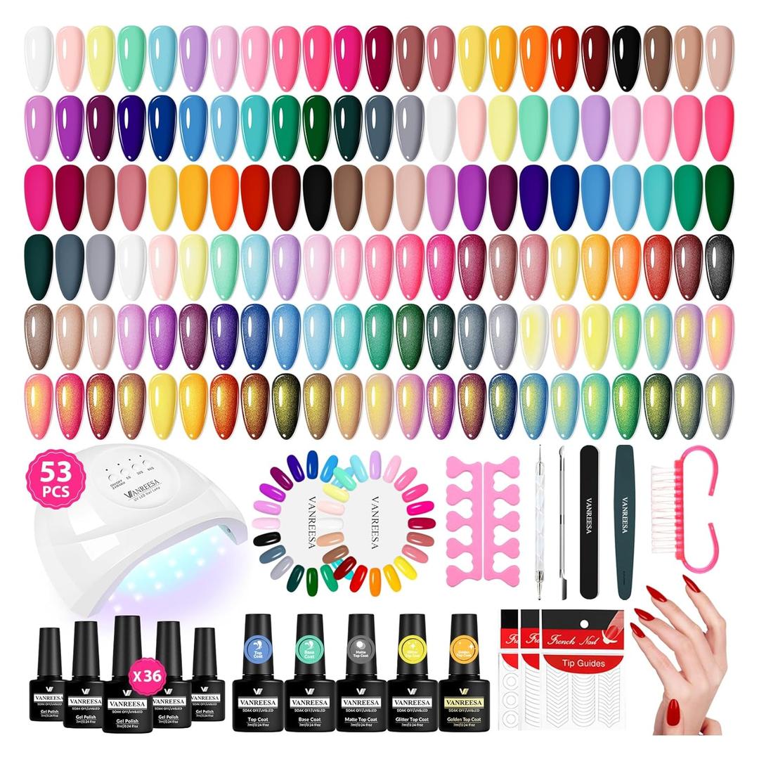 VANREESA Gel Nail Polish Kit with U V Light 53 Pcs Gel Polish Nail Set 36 Trendy Colors Nail Polish Set + Base and 4 Effects Top Coat with Manicure Tools Complete Nail Kit Gifts for Women Girls (Fantasy Party)