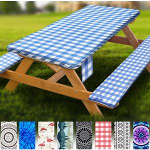 Fitted Picnic Table Cover with Bench Covers Vinyl Waterproof Elastic Edges Fitted Rectangle Tables Patio Tablecloth Camping Gear and Essentials Rv Accessories Road Trip Supplies Car Travel Must Haves (72x30in, Blue Grid)