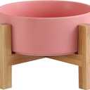 Elevated Ceramic Cat Bowl - Cat Food Bowl with Bamboo Stand - Raised Dog Dish for Puppies - Anti Vomiting, Stress Free - 13.5 oz / 400 ml - Pink
