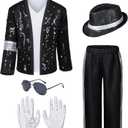Dance Star Kids Costume for Boys 80s 90s Pop Stage Cosplay Party Halloween Role Play Black 8-10 Years