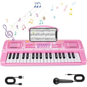 Kids Keyboard Piano, 37 Keys Keyboard Electric Digital Piano, Early Learning Educational Musical Toys Piano for Kids Toddlers Beginners with Music Stand, Microphone - Christmas Birthday Gifts, Pink