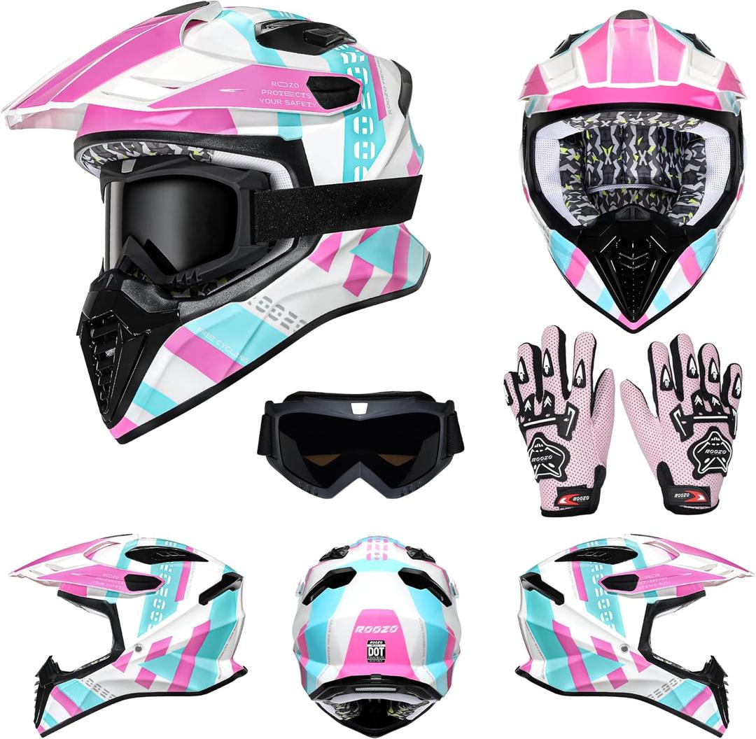 Roozo DOT Approved Youth Dirt Bike Helmet with Visor for Kids, Full Face Motocross ATV Helmet Set with Goggles & Gloves, Off-Road Motorcycle Youth BMX Go Kart Riding Gear Set, L