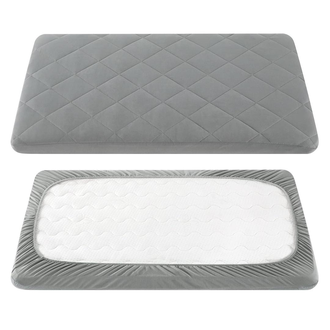 TILLYOU Pack and Play Sheet - Soft Quilted Crib Cover Pad, Toddlers Mattress Protector with 1''-3'' Deep Pocket, Thick Play Yard Playpen Sheets, Breathable Fluffy Crib Mattress Pad, 39"x27", Grey (Gray)