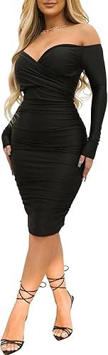 Women's Sexy Deep V Neck Off Shoulder Ruched Bodycon Long Sleeve Midi Dress Evening Party Cocktail Dress
, Size M