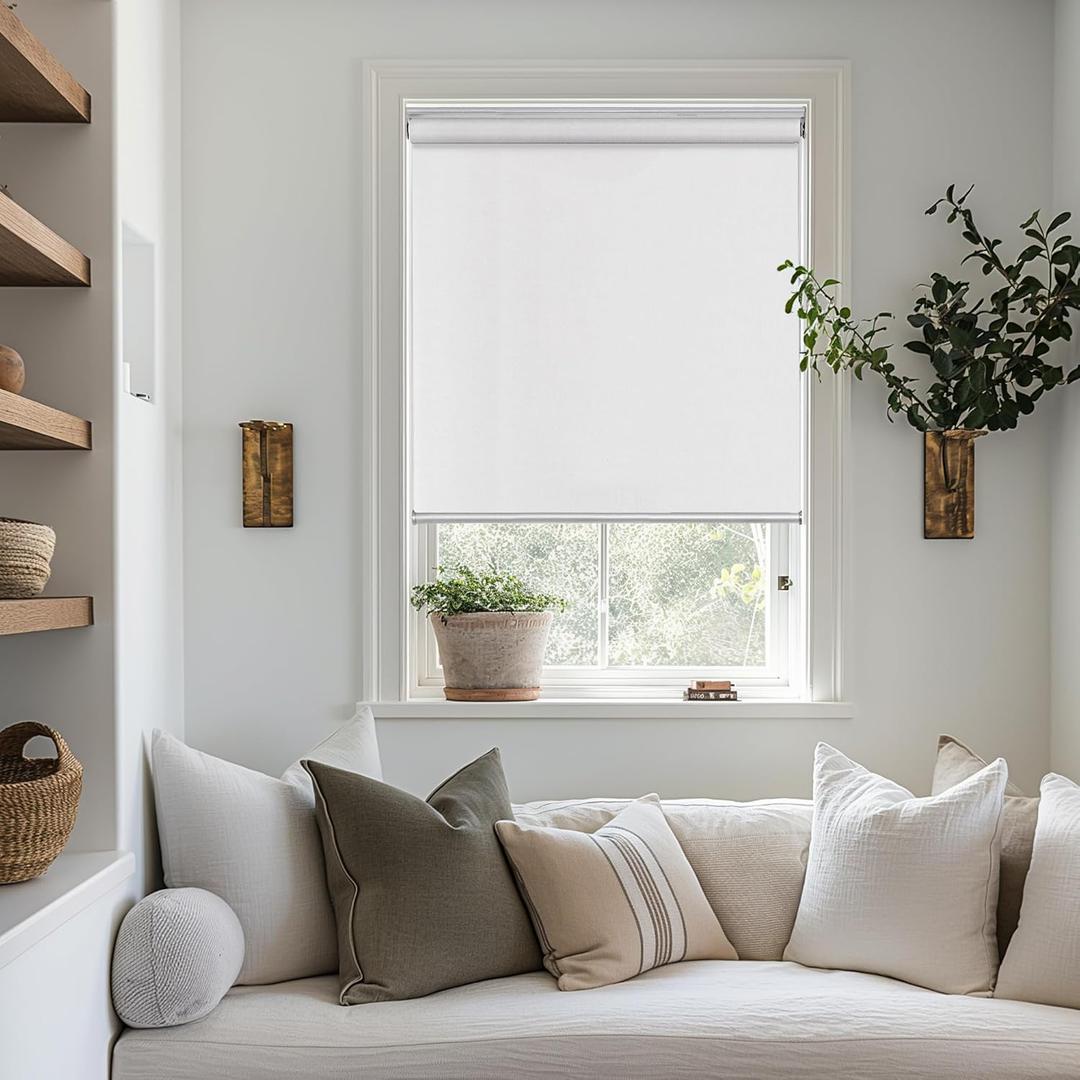 ChrisDowa Cordless 100% Blackout Roller Shade, with Striped Jacquard, Thermal Insulated, UV Protection Fabric, Total Blackout Blinds for Window, French Doors, Home and Office. White, 31" W x 72" H
