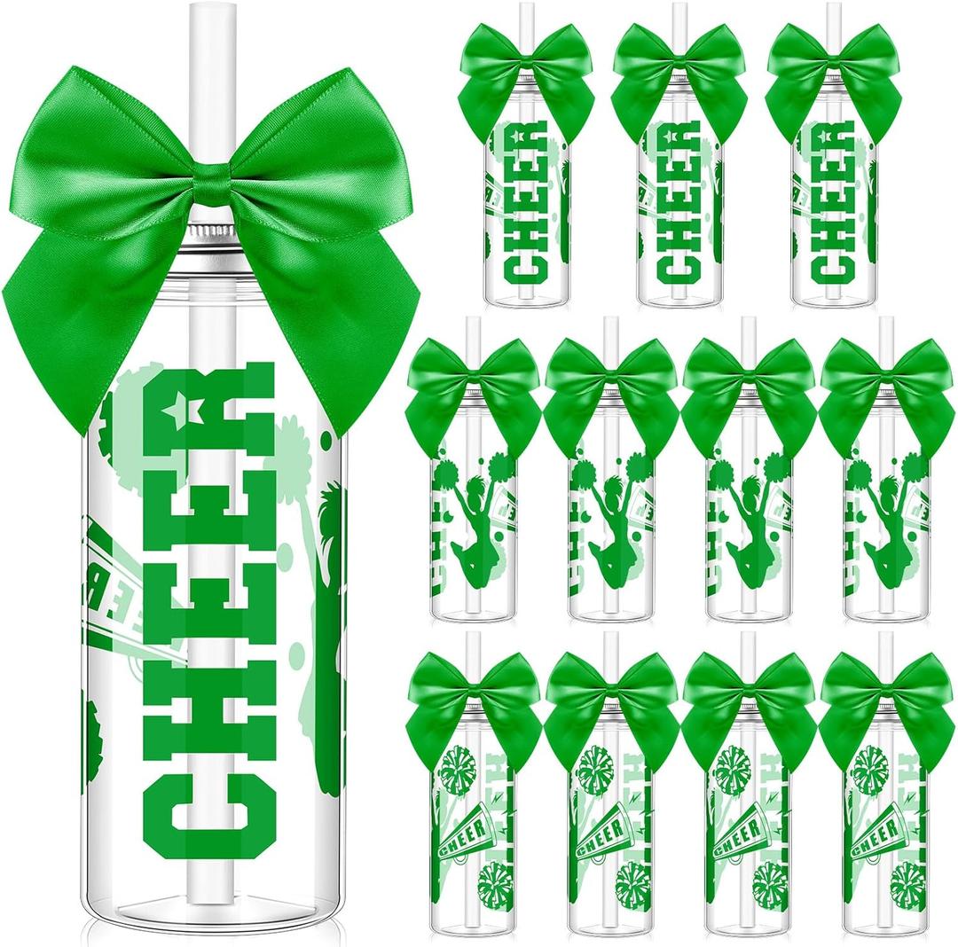 12 Pcs Cheerleader Gift Bulk for Team Cheer Cups Bow Water Bottles Plastic Cheer Tumblers with Lid and Straw Clear Reusable Cup for Cheerleaders Sport Party Favor Senior Night Gift (Green)