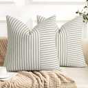 YCOLL Farmhouse Pillow Covers 22x22, Modern Accent Square Throw Pillow Covers Set of 2, Olive Green and Beige Striped Patchwork Linen Decorative Cushion Covers for Couch Chair Bedroom Home Decor, Olive Green, 22" x 22" (Pack of 2)