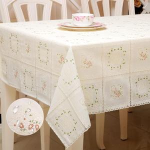 Waterproof OilProof Vinyl Table Cover, Plastic Lace Tablecloth, 53" x 79" (Rectangular), Leaf Flower Pattern Beige, Perfect for Dining, Kitchen, Outdoor Tables