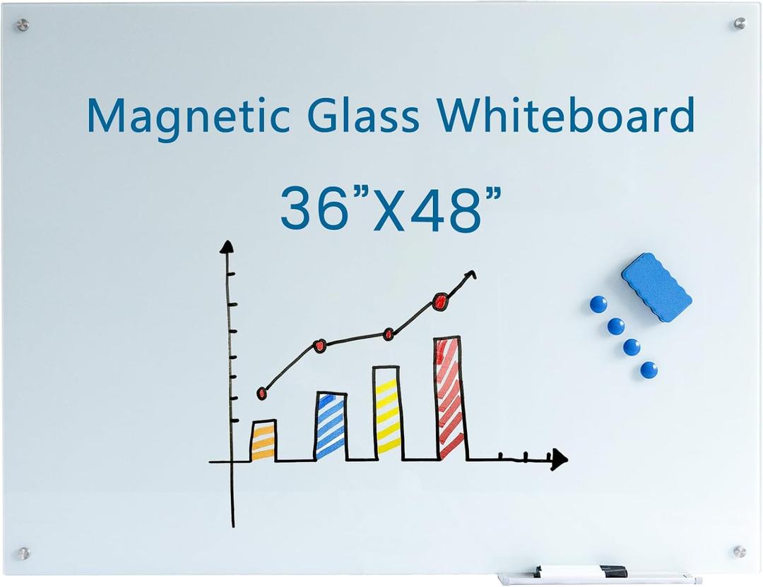 Glass Whiteboard 48"X36" Magnetic Glass White Board Frameless Wall Mounted Dry Erase GlassBoard for Office School Home