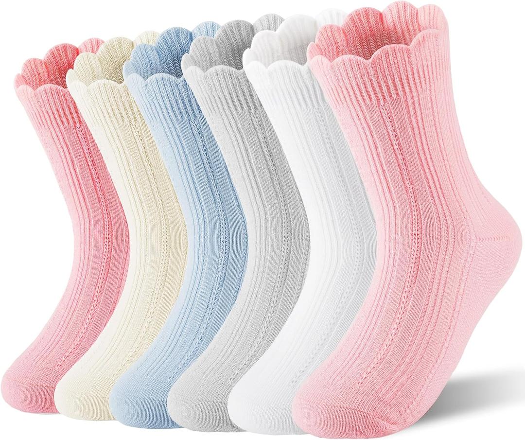 HONGTEYA Girls Socks Toddler Kids Ruffle Socks, School Uniform Dress Cotton Crew Socks for Girls 2-10 Years 6 Pairs (Blue)