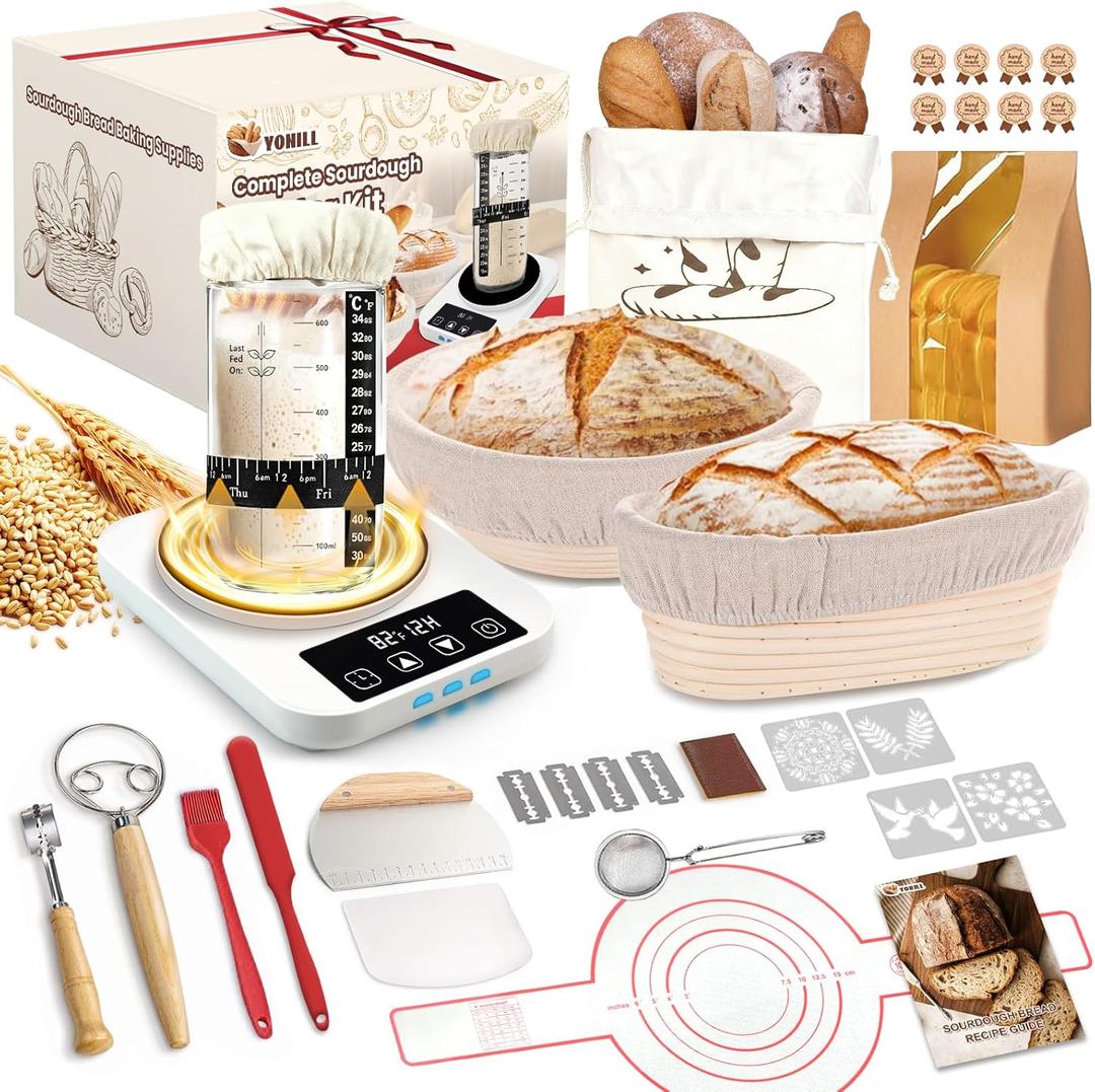 Sourdough Starter Kit with Warmer, Glass Jar and Banneton Bread Proofing Basket - Complete Sourdough Bread Baking Supplies, Sour Dough Making Essentials Tools, Gift for Bakers Beiginner Women Wife Mom