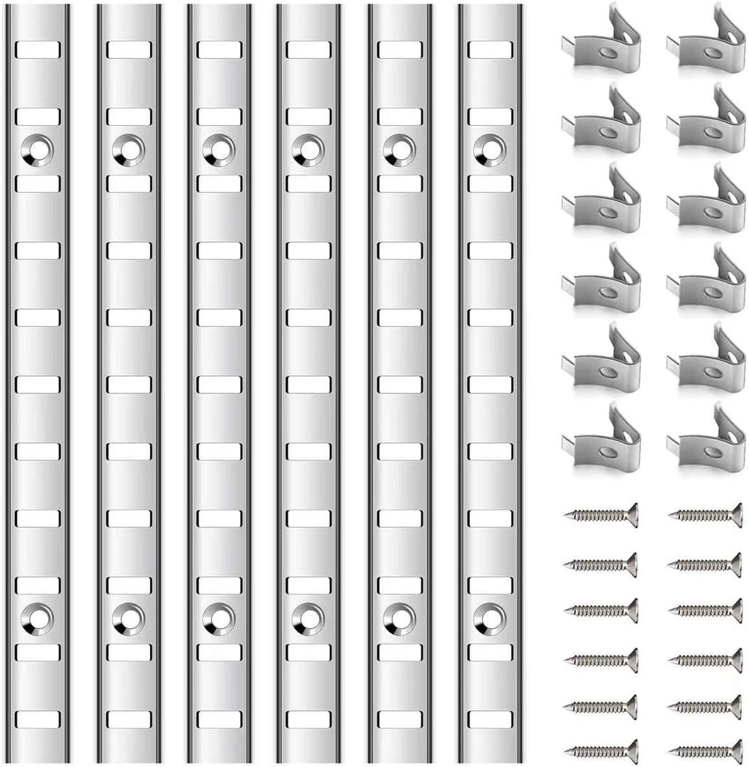 6 Pcs 36 Inch Shelf Pilaster Adjustable Shelf Brackets Stainless Steel Mortise Mount Pilaster Strip Standards with 12 Shelf Clips and Screws for Wall Shelving System Closet Organization Storage