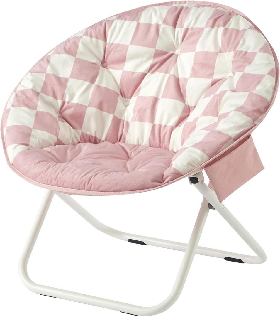 Urban Lifestyle Printed Back Micromink Saucer Chair with White Legs and Side Storage Pocket, Pink and White Check