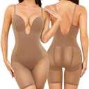 Slimers Body Shaper for Women Tummy Control U Plunge Backless Full Body Shapewear Mid Thigh Mesh Strapless Bodysuit Top L