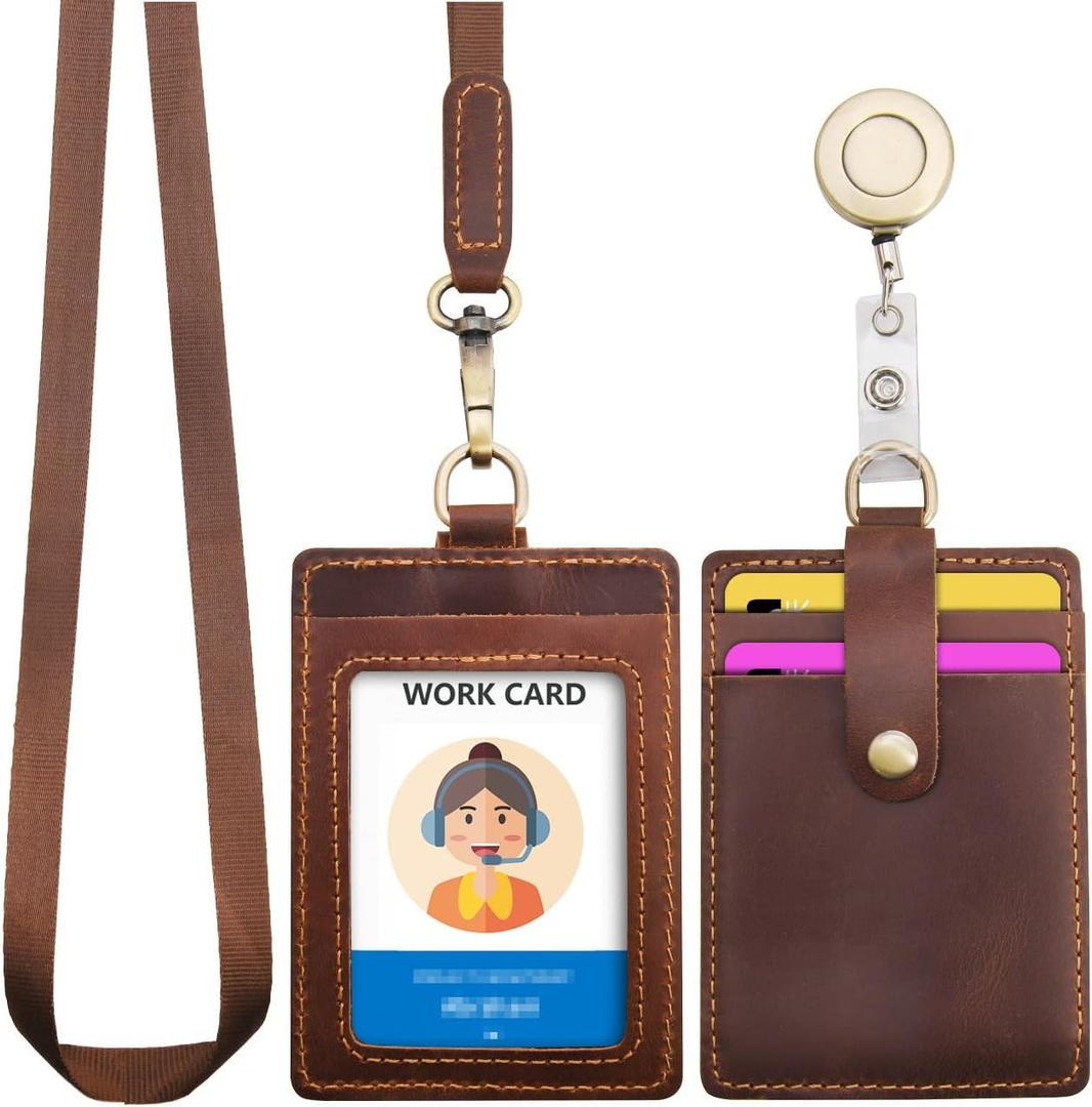 Wonderpool ID Badge Holder Genuine Leather Card Slots Case with Detachable Neck Lanyard and Retractable Badge Reel for Office School Hospital Exhibition ID & Driver Licence (Coffee)