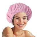 3 x Shower Cap for Women, Double Layer Waterproof Bath Cap, Reusable Hair Protector, Large Waterproof Shower Bonnet Washable Elastic Band Bath Hair Hat for Long Hair, Braids - Purple