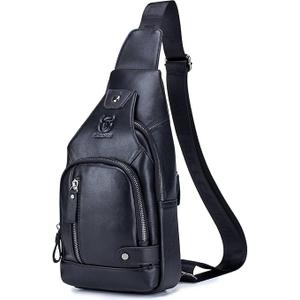 BULLCAPTAIN Leather Sling Bag Mens Chest Bag Casual Shoulder Crossbody Bags Travel Hiking Backpacks Daypack with USB Charging Port (Black)