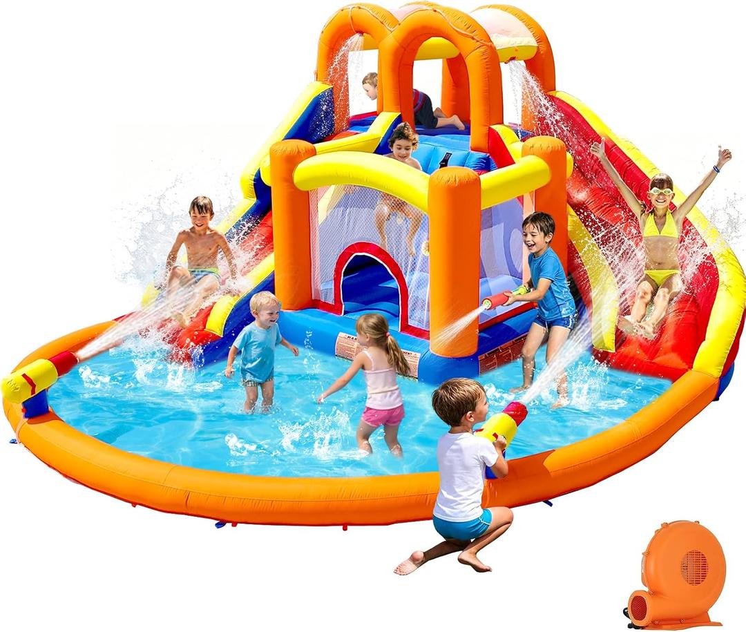 HuaKastro Inflatable Water Slide, Water Bounce House with Double Slides for Big Kids, Backyard Water Park with 2 Water Sprayers, 2 Water Gun & Big Splash Pool for Family Fun [Upgraded Version]
