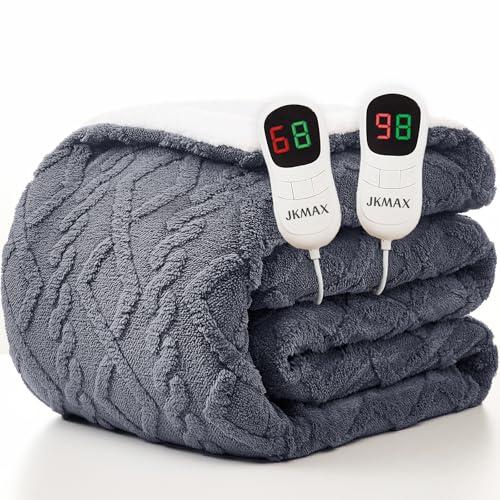 JKMAX Heated Electric Blanket Queen Size-84"x90" Heating Blanket with 10 Heating Levels & 5 Time Settings Over-Heat Protection,Winter Warmer for Adults with ETL Certification（Grey）