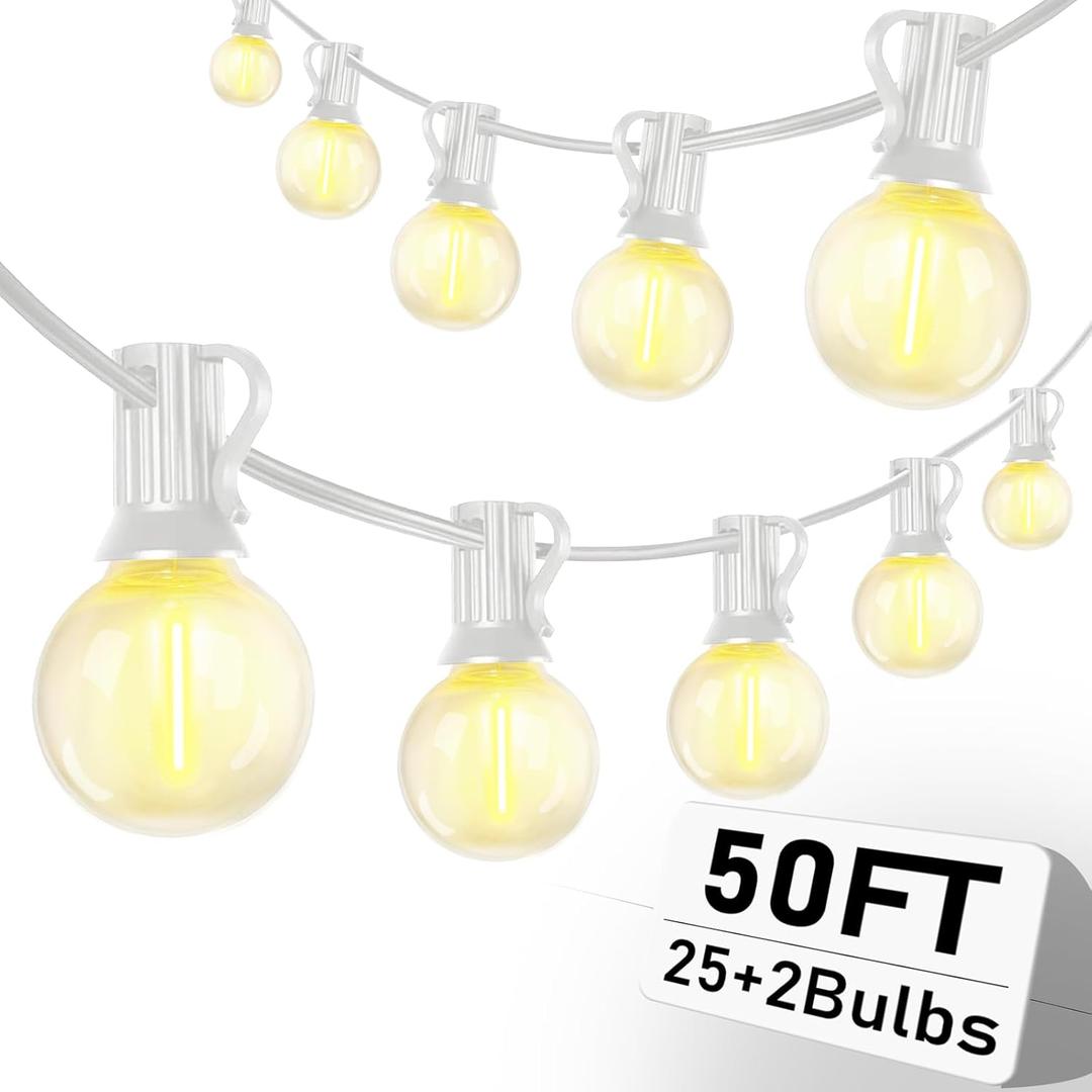 50Ft Outdoor String Lights G40 Globe Patio Lights Waterproof with 27 LED Shatterproof Globe Bulbs(2 Spare), Dimmable for Backyard Party Porch Wedding Bedroom Decor, White Wire