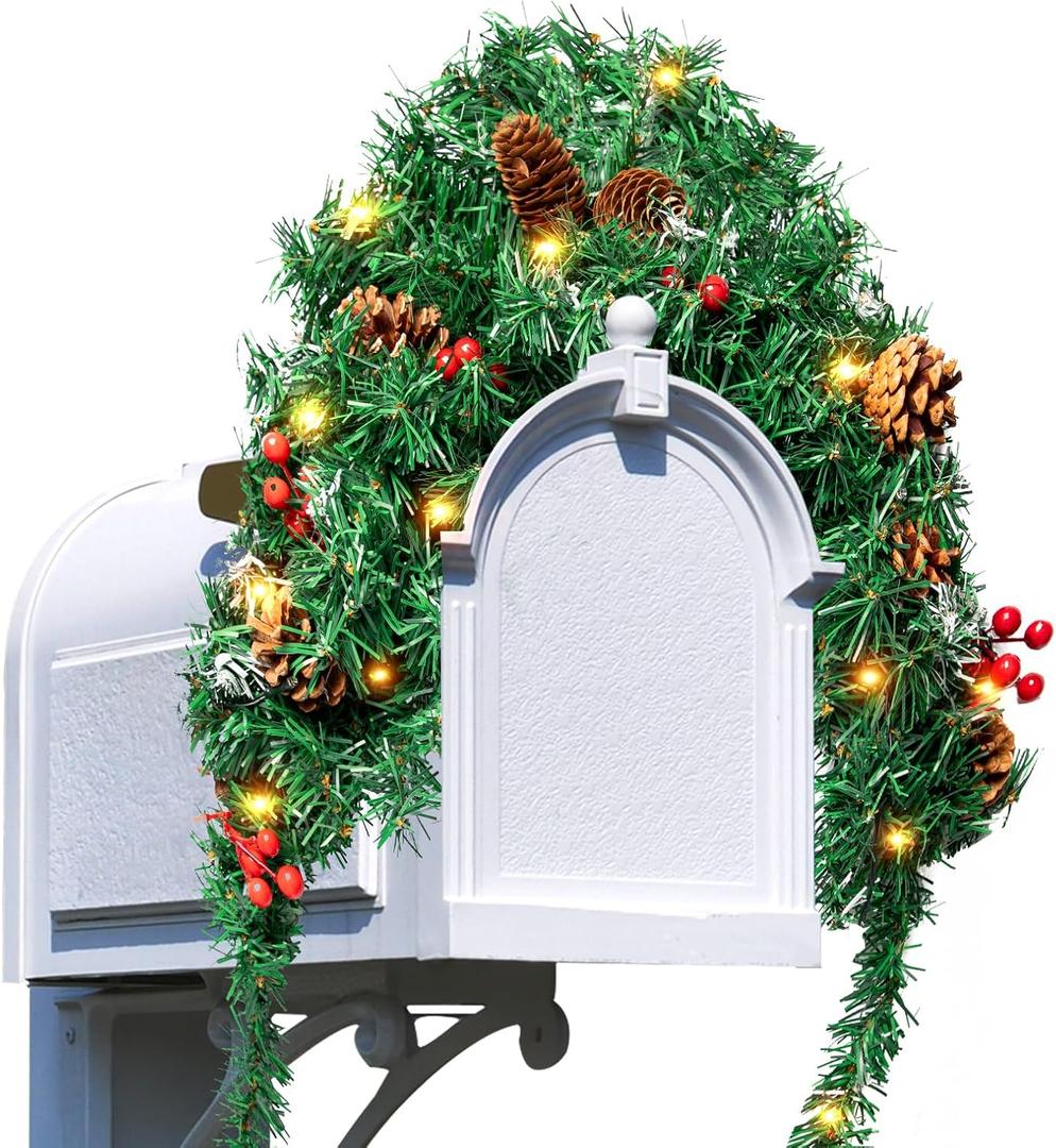 Christmas Mailbox Swag with Lights Berry Clusters Pine Cones - Outdoor Christmas Mailbox Swag Decorations with Light for Christmas Home Decor